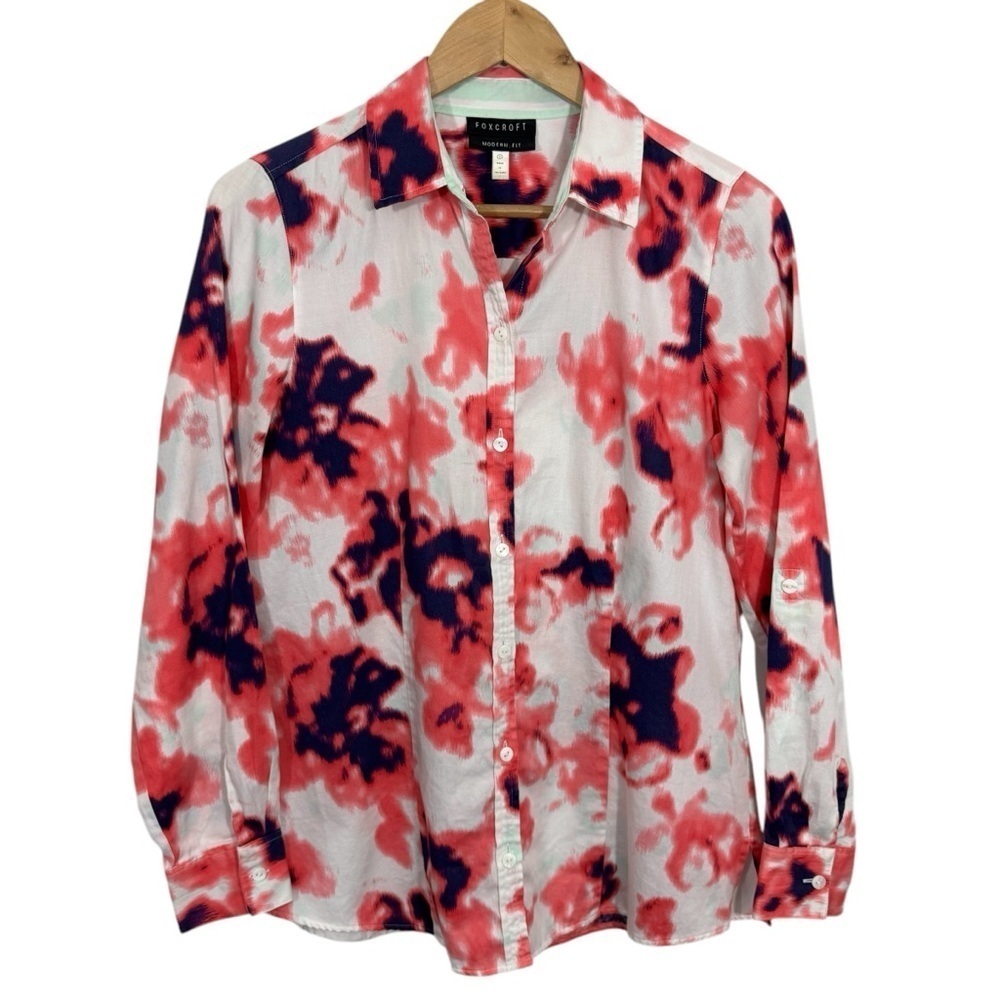 Foxcroft Modern Fit Button Up Shirt Womens 8 White Pink Long Sleeve 100% Cotton